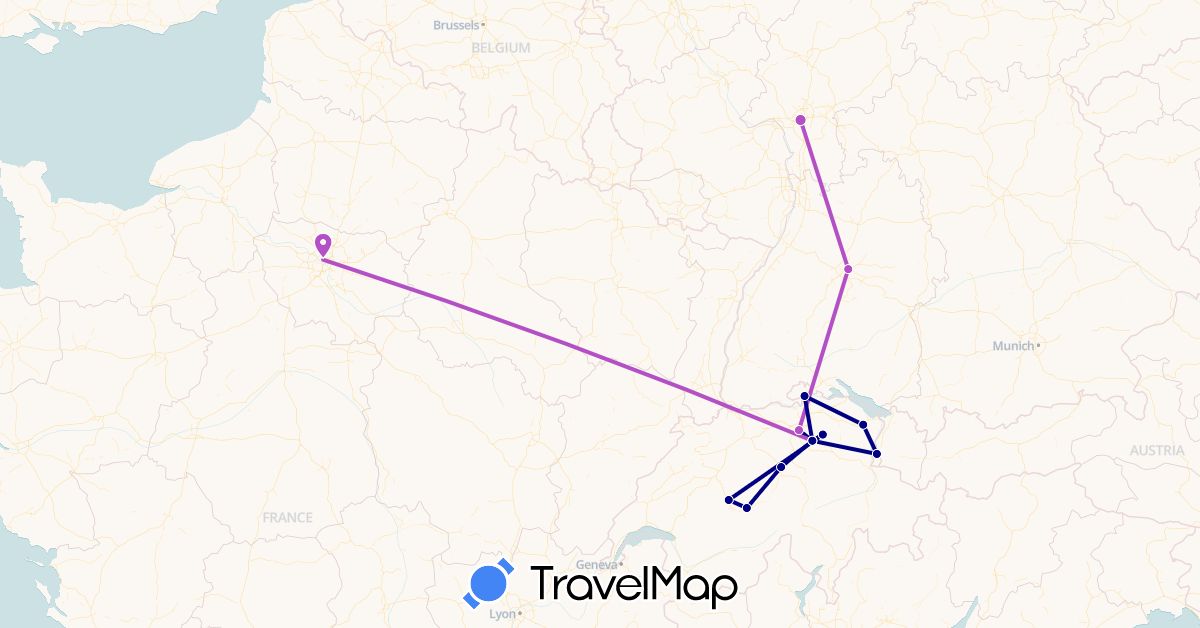 TravelMap itinerary: driving, train in Switzerland, Germany, France, Liechtenstein (Europe)